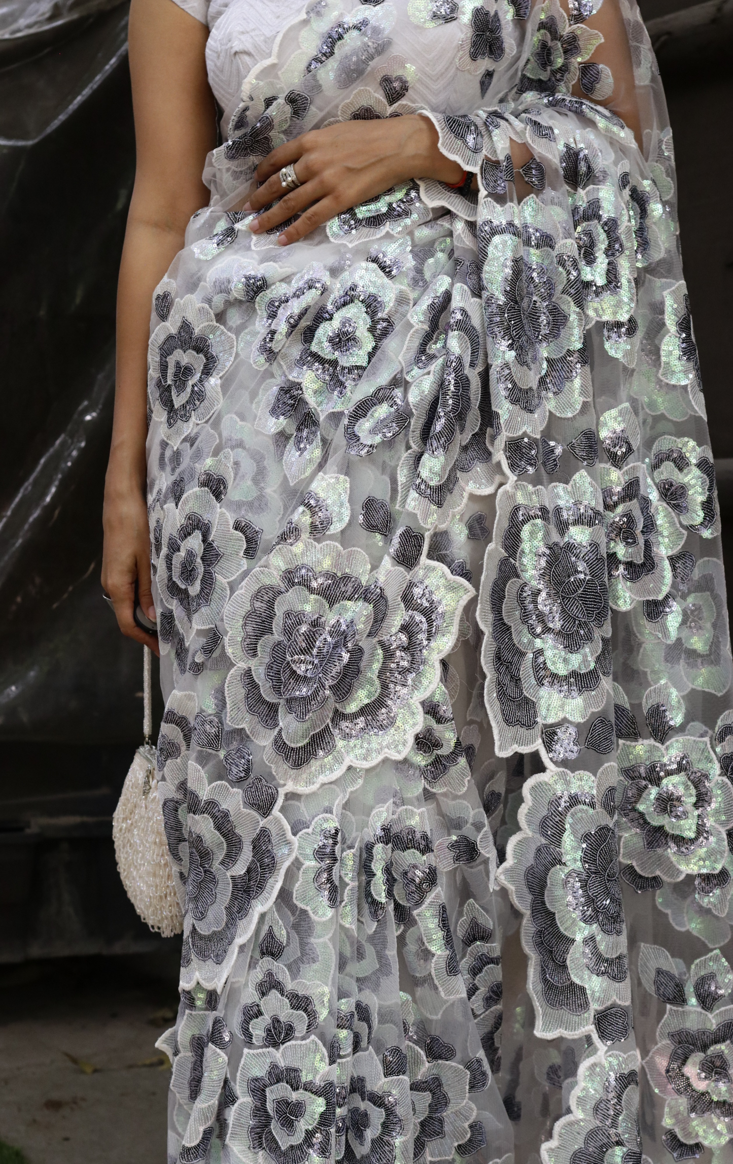 White Floral Sequin Saree : 'Winter Garden' Sequin Cocktail Saree : Sequin Bollywood Saree