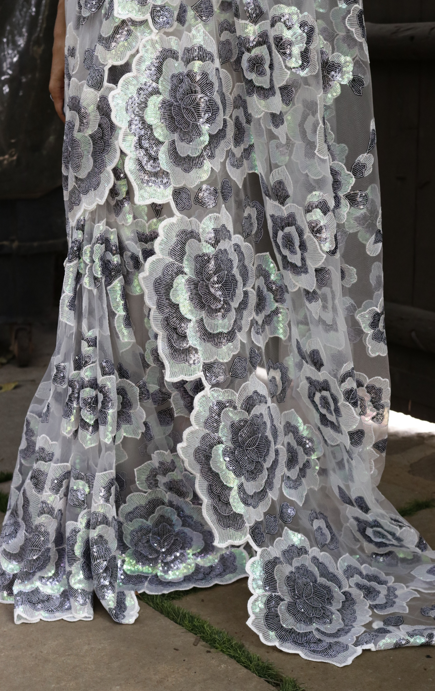 White Floral Sequin Saree : 'Winter Garden' Sequin Cocktail Saree : Sequin Bollywood Saree