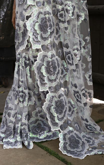 White Floral Sequin Saree : 'Winter Garden' Sequin Cocktail Saree : Sequin Bollywood Saree