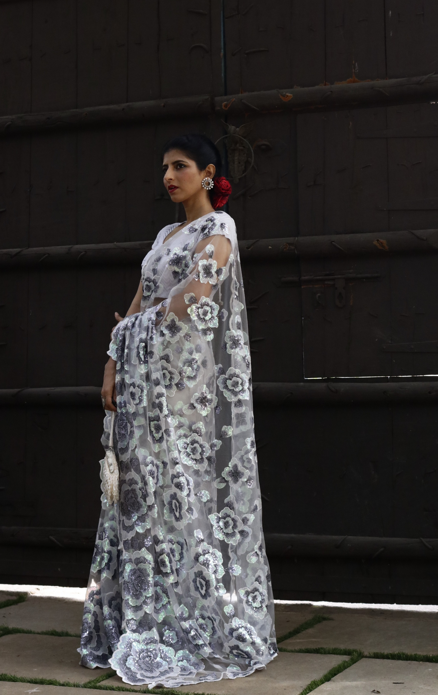White Floral Sequin Saree : 'Winter Garden' Sequin Cocktail Saree : Sequin Bollywood Saree