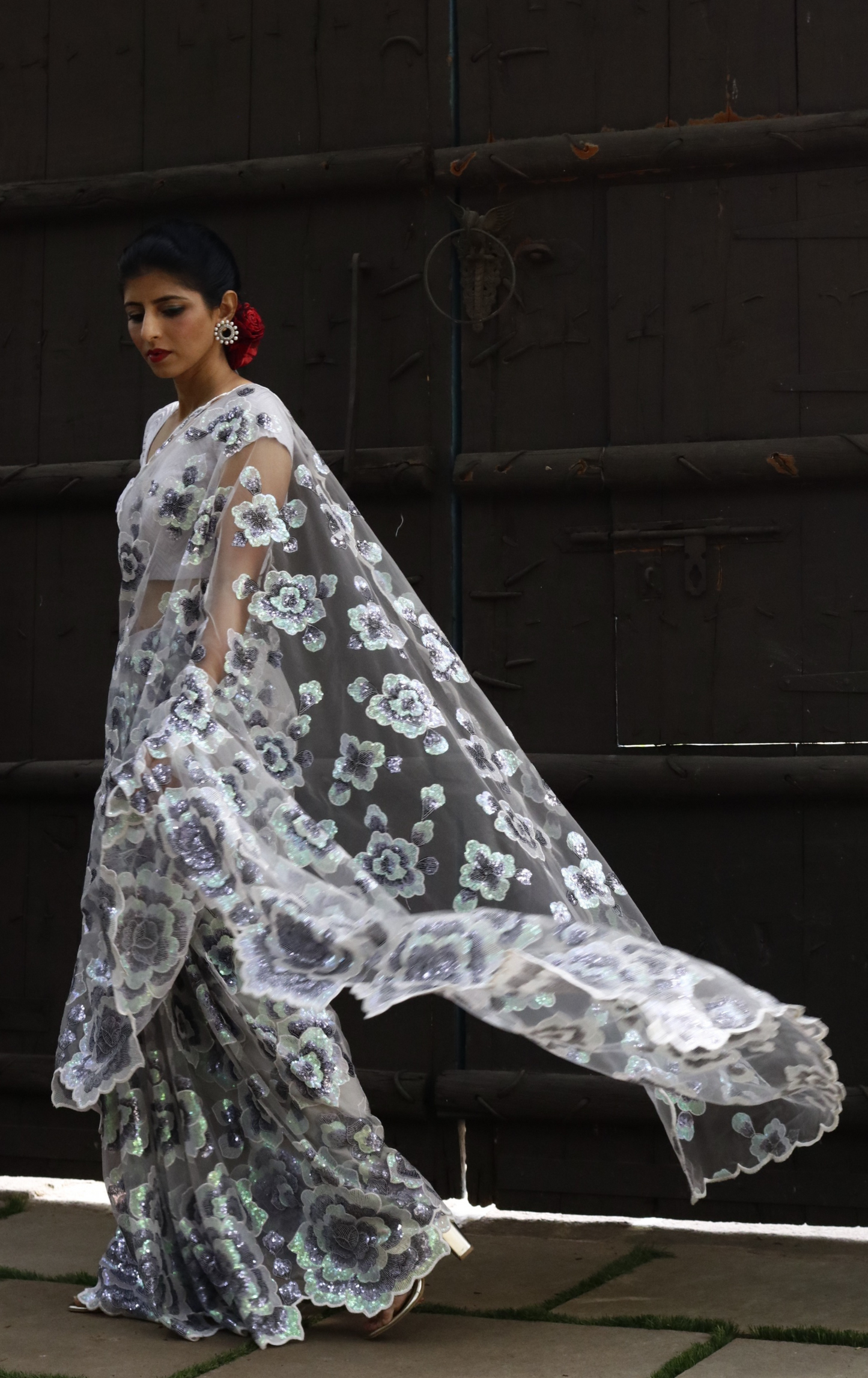 White Floral Sequin Saree : 'Winter Garden' Sequin Cocktail Saree : Sequin Bollywood Saree