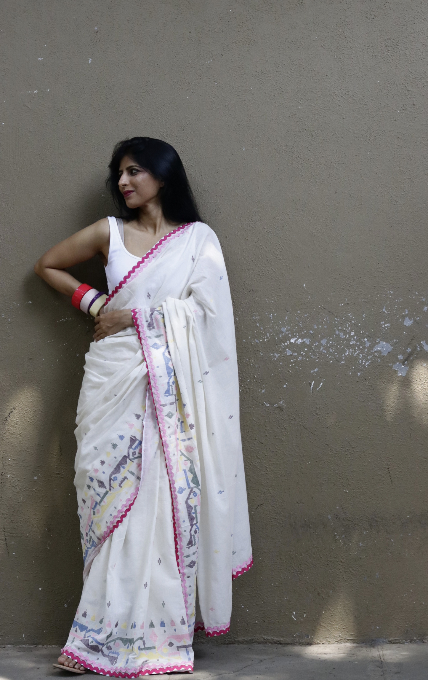 Buy 'Candy Crush' Fun Cotton Jamdani Saree : Fun Pop Of Colours On White Needle Jamdani Handmade Saree