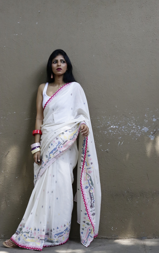 Buy 'Candy Crush' Fun Cotton Jamdani Saree : Fun Pop Of Colours On White Needle Jamdani Handmade Saree