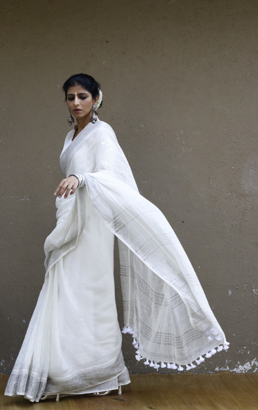 Buy Silk Linen 'Jasmine Garland' White Silver Metallic Sari : Silver Border Linen Summer Saree