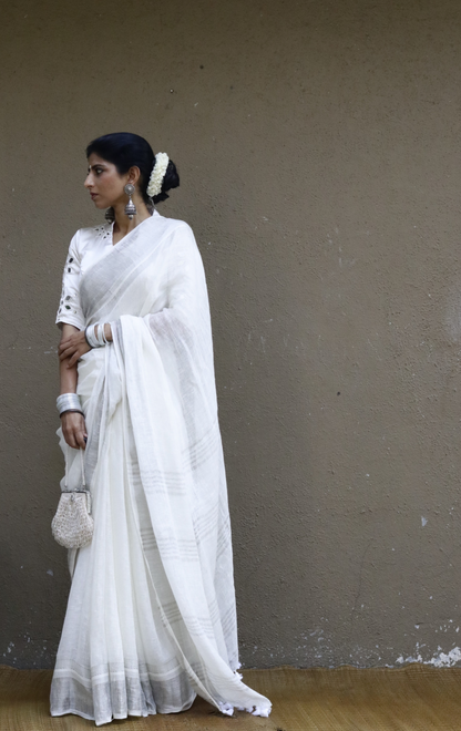 Buy Silk Linen 'Jasmine Garland' White Silver Metallic Sari : Silver Border Linen Summer Saree