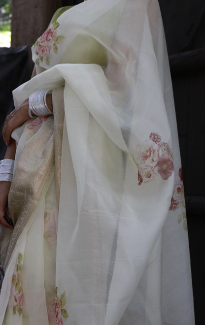 Buy 'Ivory Dreams' Pure Organza Silk Saree With Banarasi Border: Summer Silk Banarasi Organza Saree