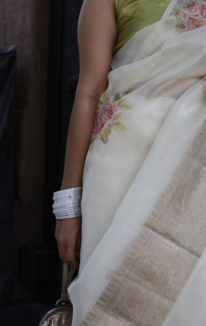 Buy 'Ivory Dreams' Pure Organza Silk Saree With Banarasi Border: Summer Silk Banarasi Organza Saree