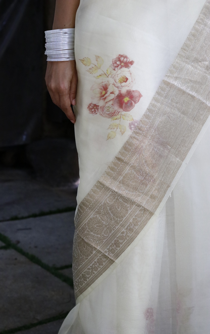 Buy 'Ivory Dreams' Pure Organza Silk Saree With Banarasi Border: Summer Silk Banarasi Organza Saree