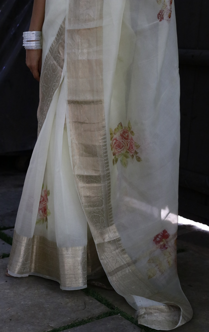 Buy 'Ivory Dreams' Pure Organza Silk Saree With Banarasi Border: Summer Silk Banarasi Organza Saree