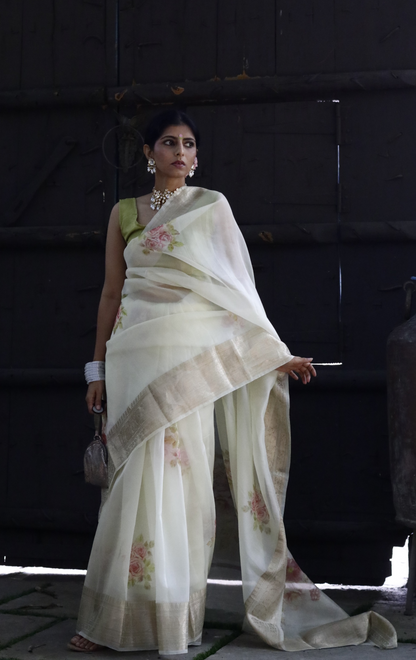 Buy 'Ivory Dreams' Pure Organza Silk Saree With Banarasi Border: Summer Silk Banarasi Organza Saree