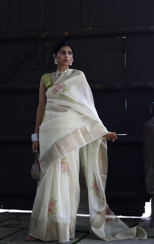 Buy 'Ivory Dreams' Pure Organza Silk Saree With Banarasi Border: Summer Silk Banarasi Organza Saree