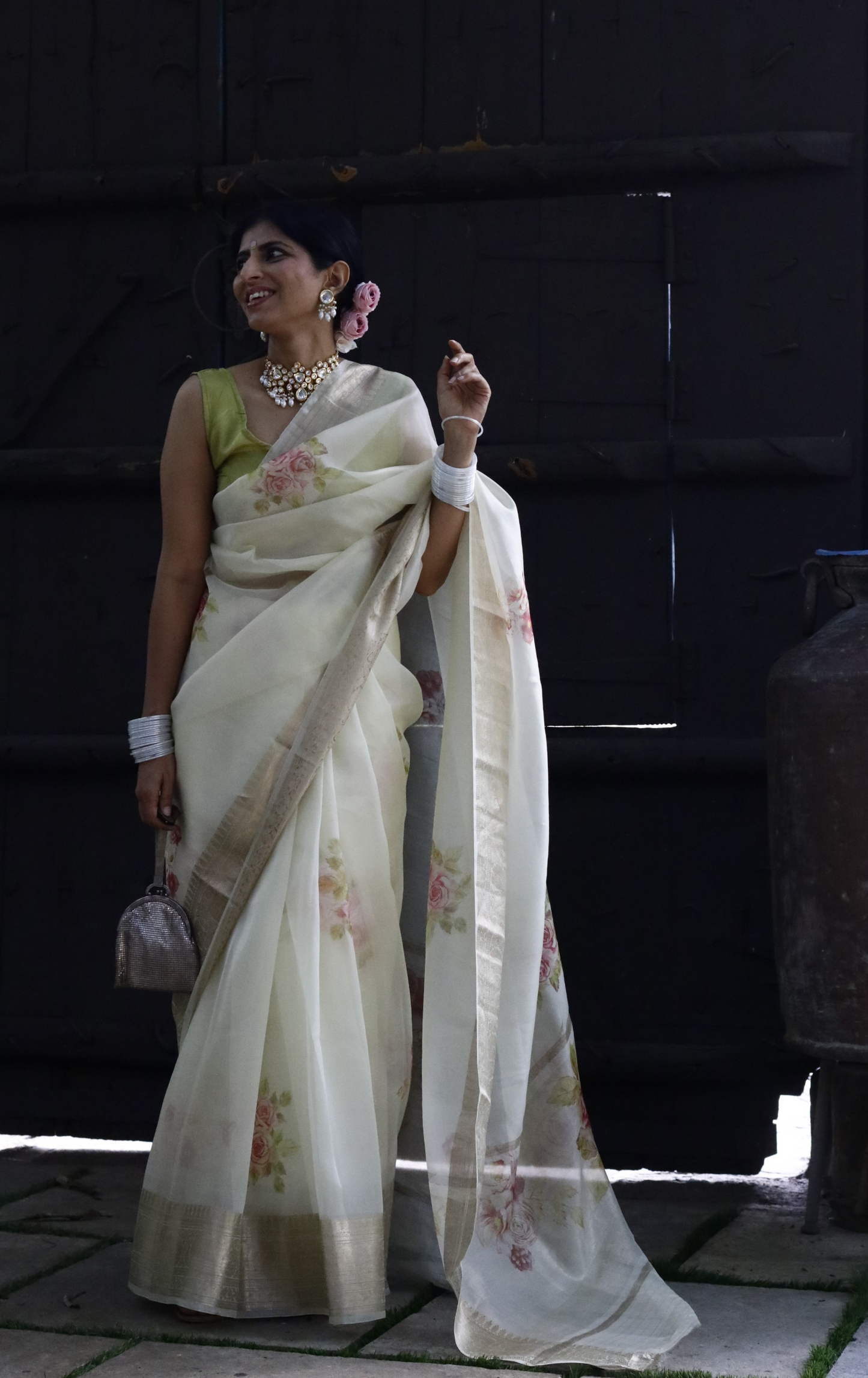 Buy 'Ivory Dreams' Pure Organza Silk Saree With Banarasi Border: Summer Silk Banarasi Organza Saree