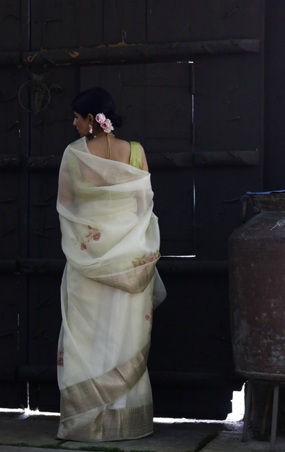 Buy 'Ivory Dreams' Pure Organza Silk Saree With Banarasi Border: Summer Silk Banarasi Organza Saree