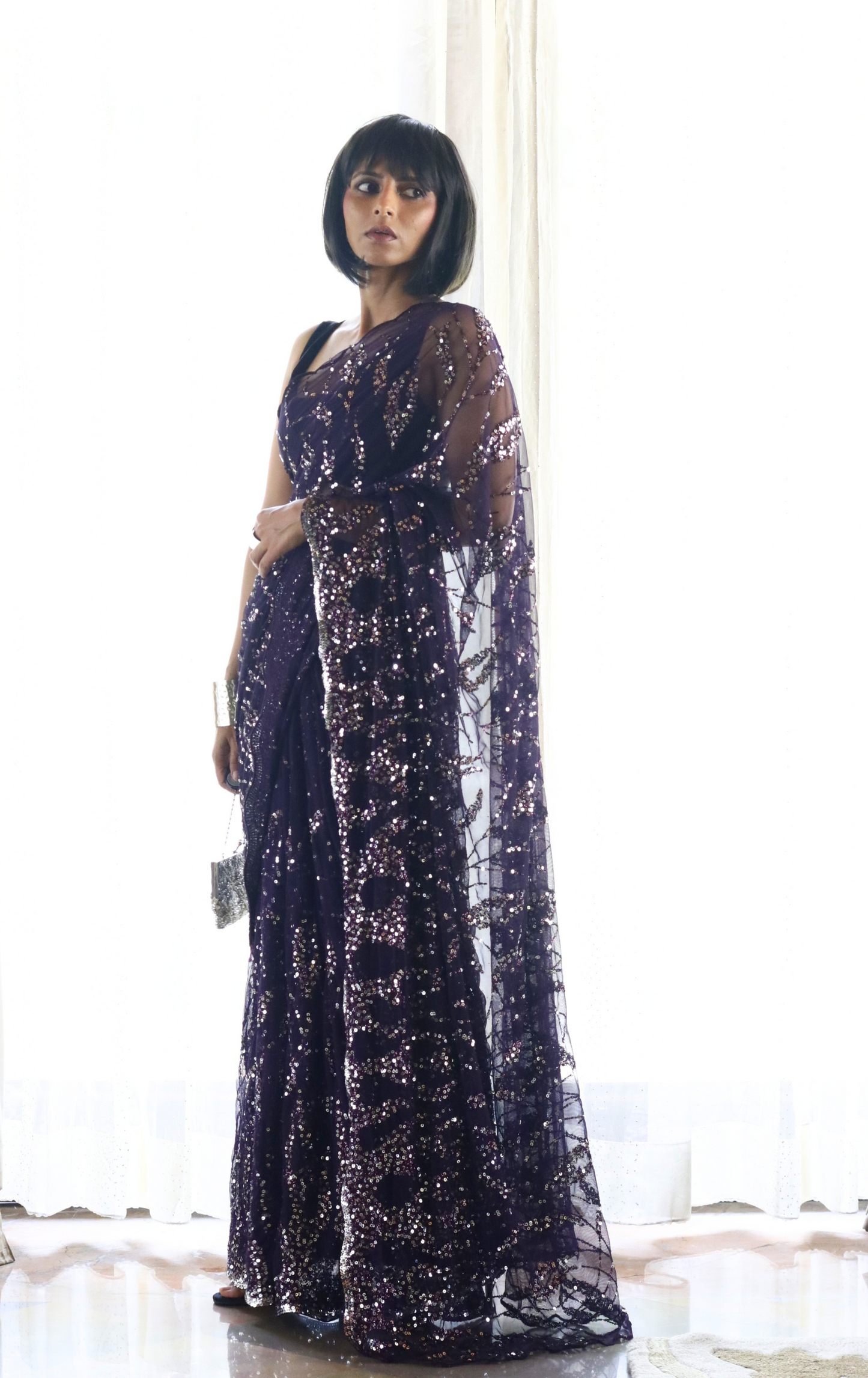 Silver Purple Sequin Cocktail Saree 'Plum Rum' : Festive Evening Sequin Cocktail Saree Collection