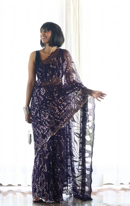 Silver Purple Sequin Cocktail Saree 'Plum Rum' : Festive Evening Sequin Cocktail Saree Collection