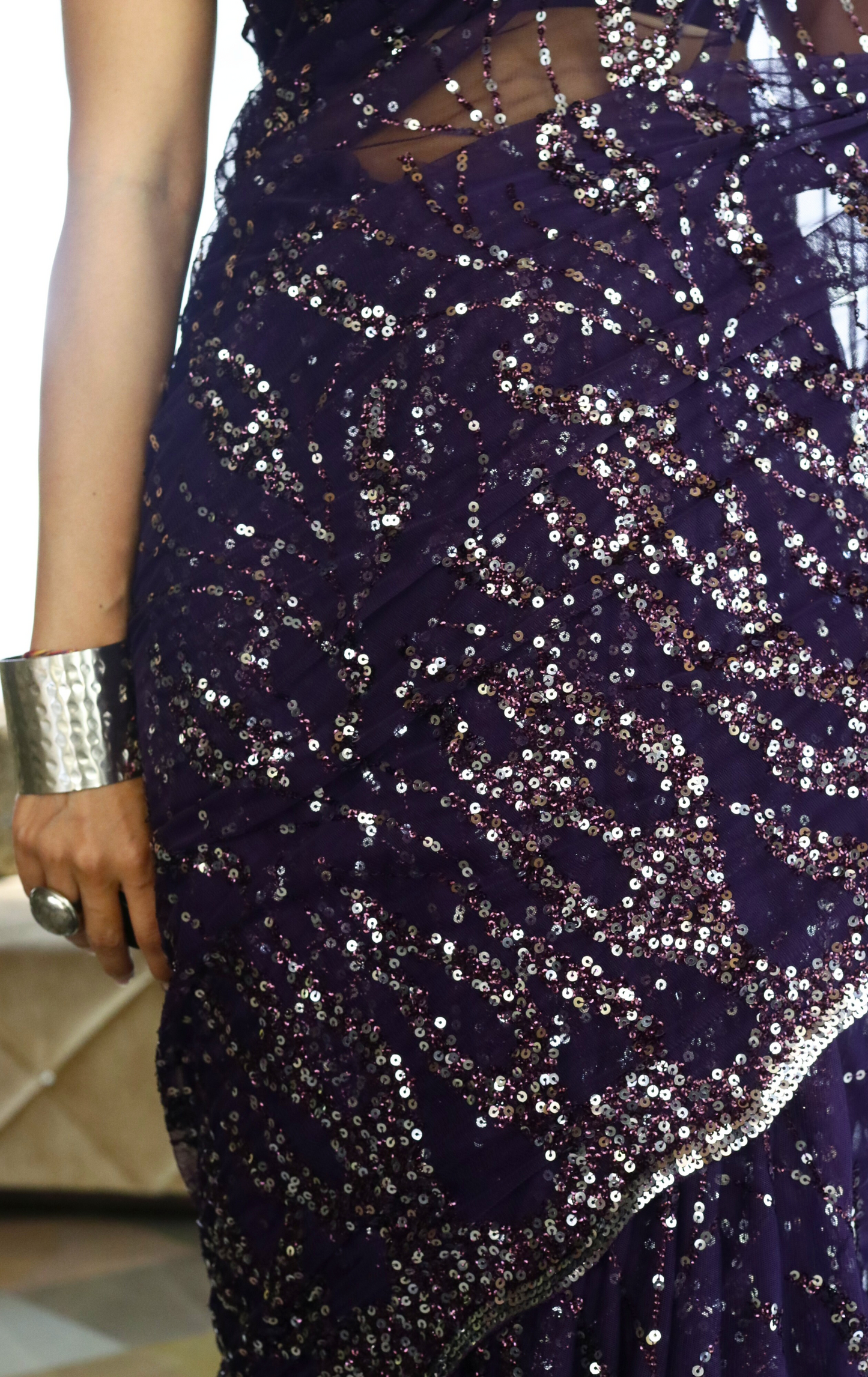 Silver Purple Sequin Cocktail Saree 'Plum Rum' : Festive Evening Sequin Cocktail Saree Collection