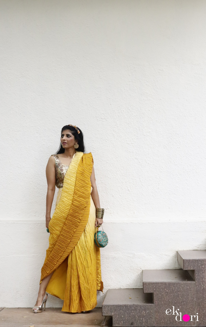 'Golden Glow' Ready To Wear Draped Saree Skirt : Fun Modern Micropleated Quick Draped Saree