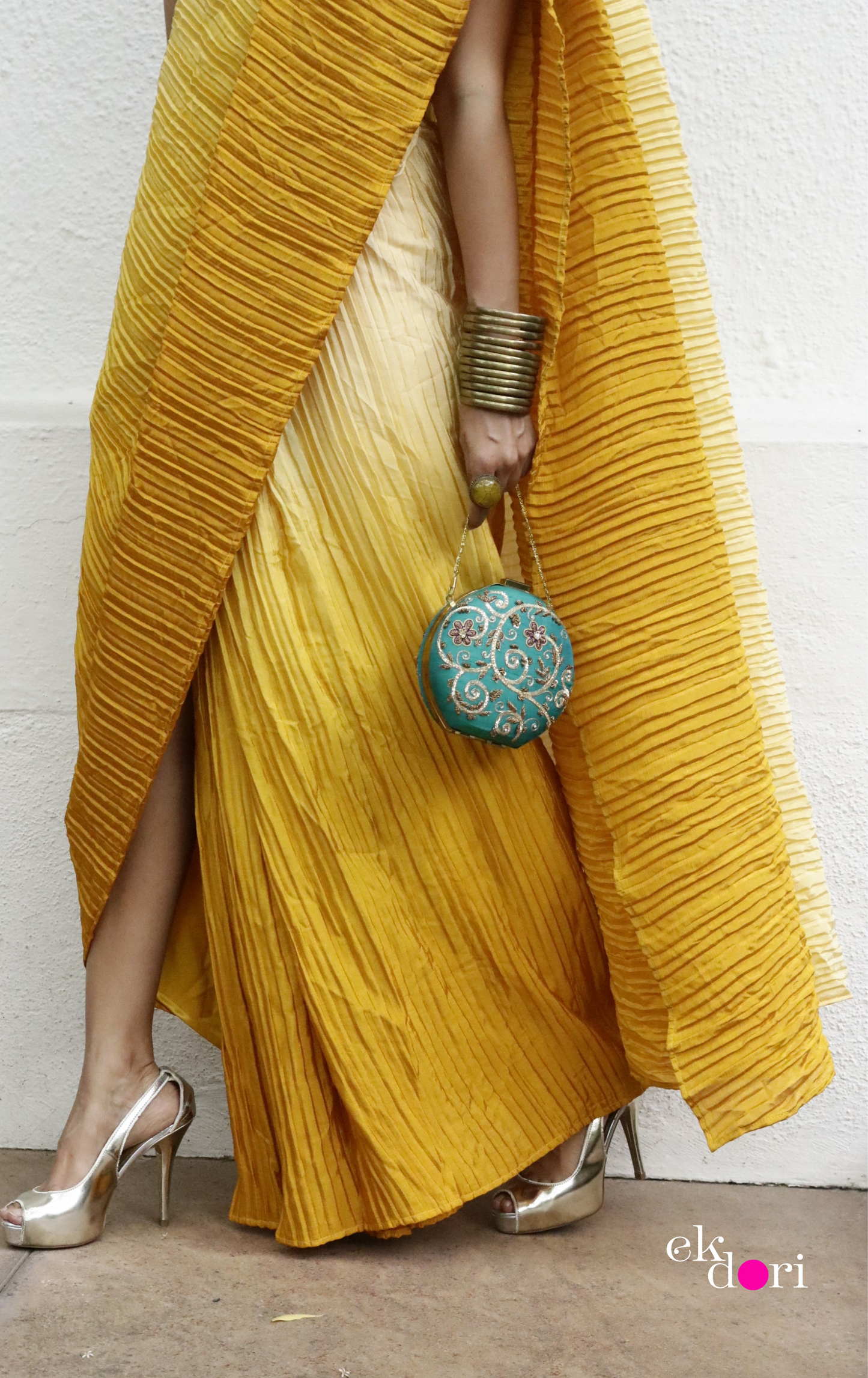 'Golden Glow' Ready To Wear Draped Saree Skirt : Fun Modern Micropleated Quick Draped Saree