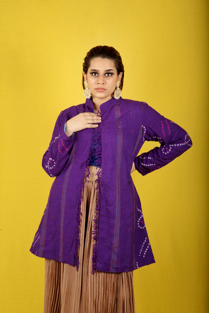 Ladies Winter Shawl Jacket In Purple Bandhani