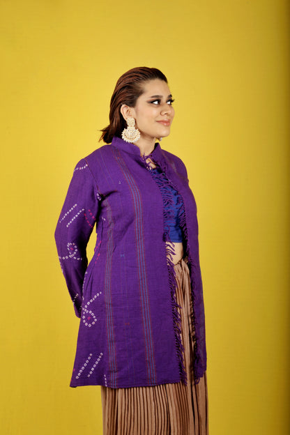 Ladies Winter Shawl Jacket In Purple Bandhani