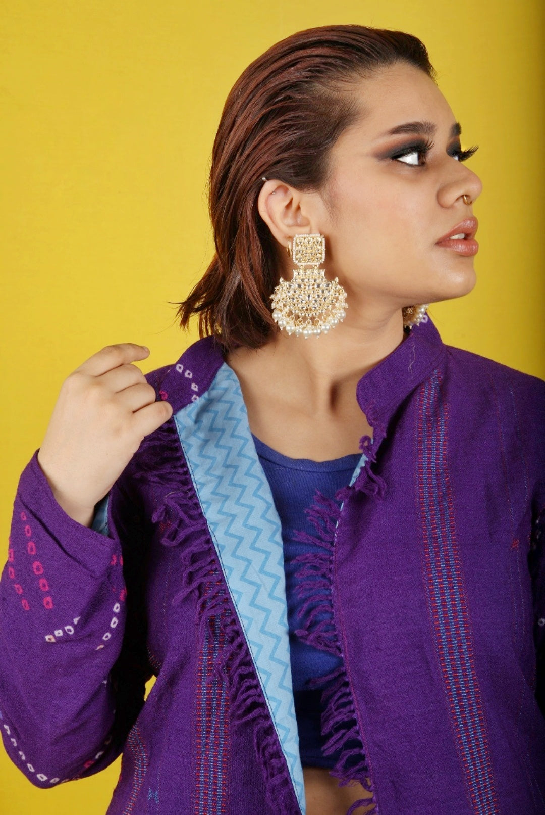 Ladies Winter Shawl Jacket In Purple Bandhani