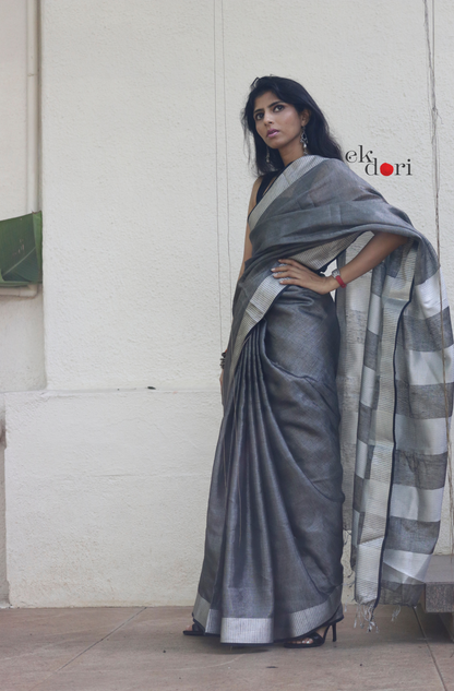 Buy Tissue Linen Black Silver Metallic Sari : Moonlit Night Tissue Linen Saree