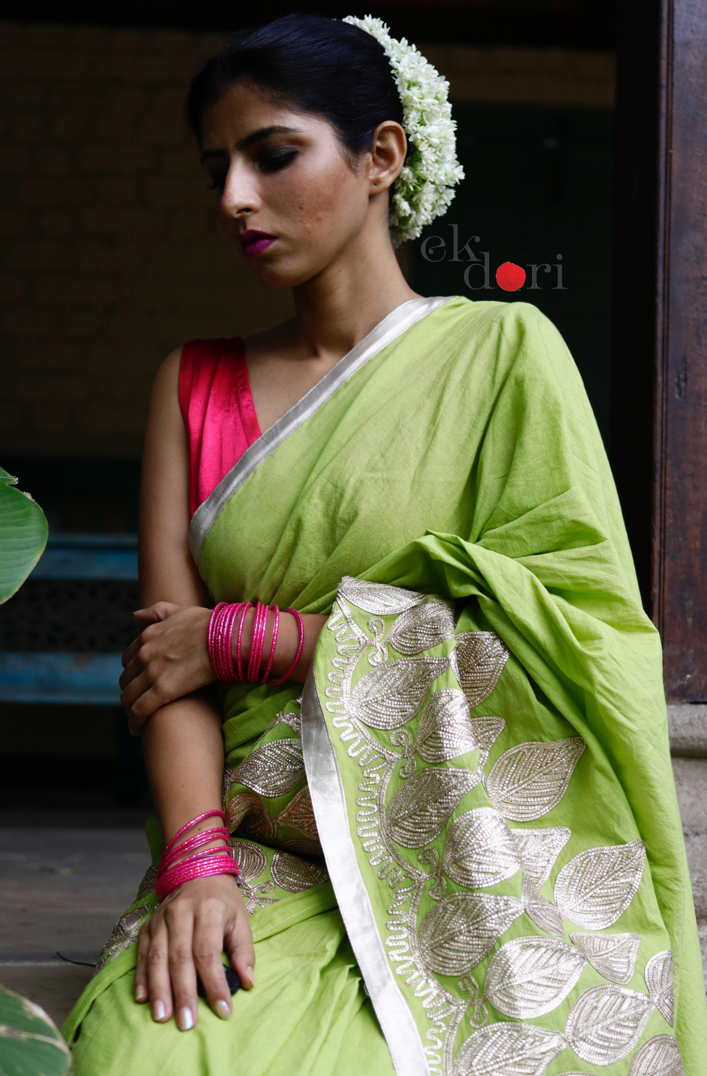 Gota Work Saree Online : 'Green Grass' Festive Gota Saree With Pink Blouse Piece