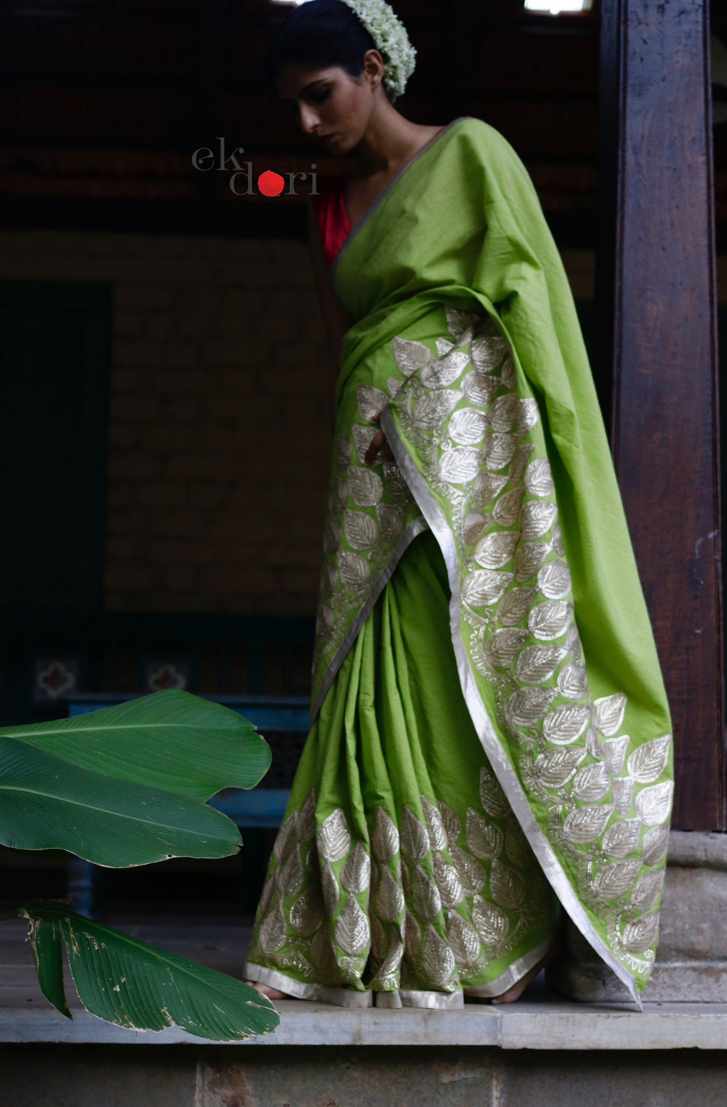 Gota Work Saree Online : 'Green Grass' Festive Gota Saree With Pink Blouse Piece