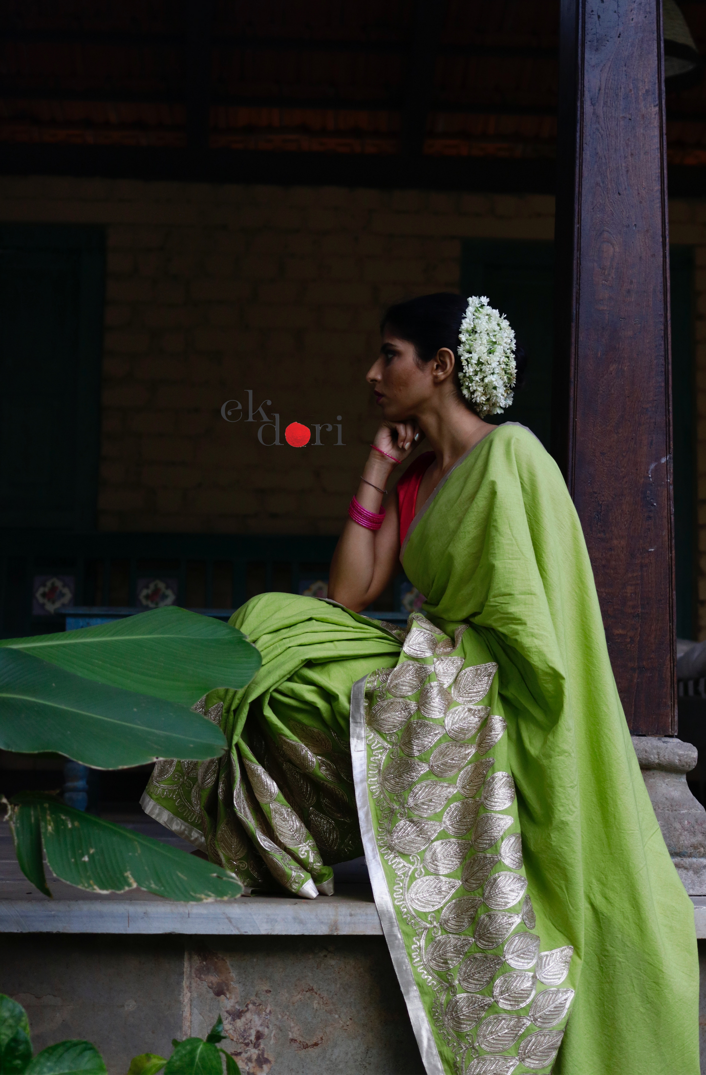 Gota Work Saree Online : 'Green Grass' Festive Gota Saree With Pink Blouse Piece