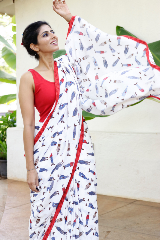 Cotton Printed Saree With Red Edges : A Carefree Stroll Cotton Saree :