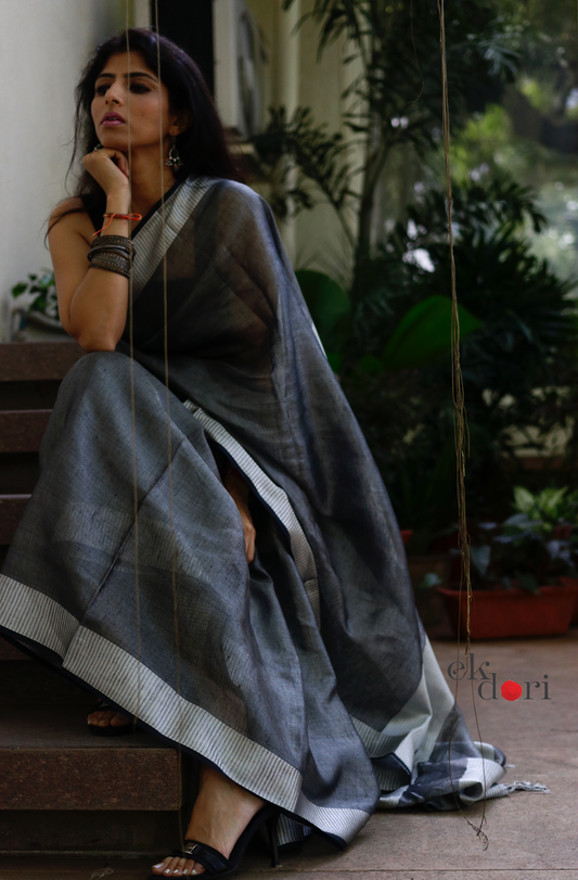 Buy Tissue Linen Black Silver Metallic Sari : Moonlit Night Tissue Linen Saree