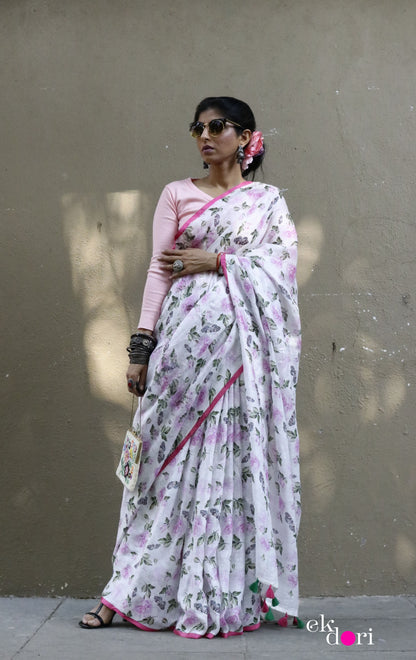 Printed Linen Saree : Vintage Garden Linen Saree