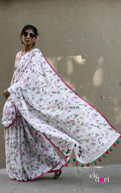 Printed Linen Saree : Vintage Garden Linen Saree