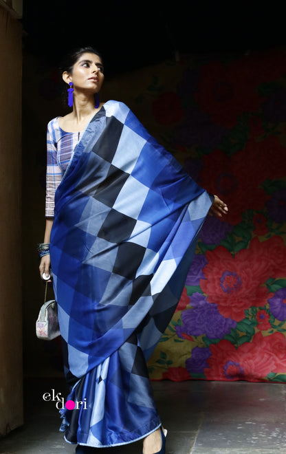 'Blue Kaleidoscope' Fun Printed Saree : Modern Statement Saree