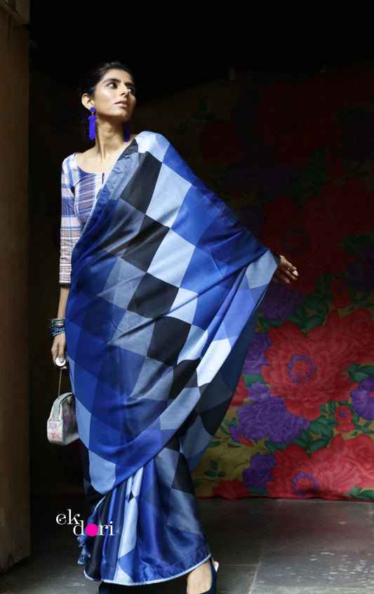 'Blue Kaleidoscope' Fun Printed Saree : Modern Statement Saree