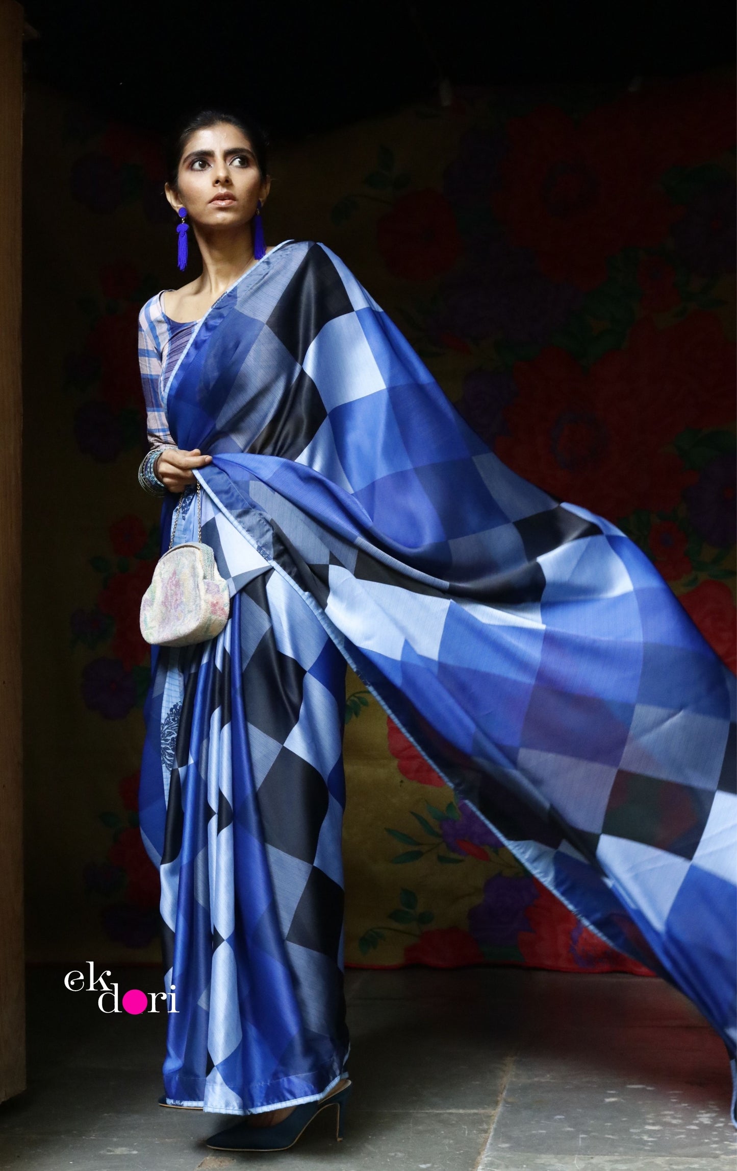 'Blue Kaleidoscope' Fun Printed Saree : Modern Statement Saree