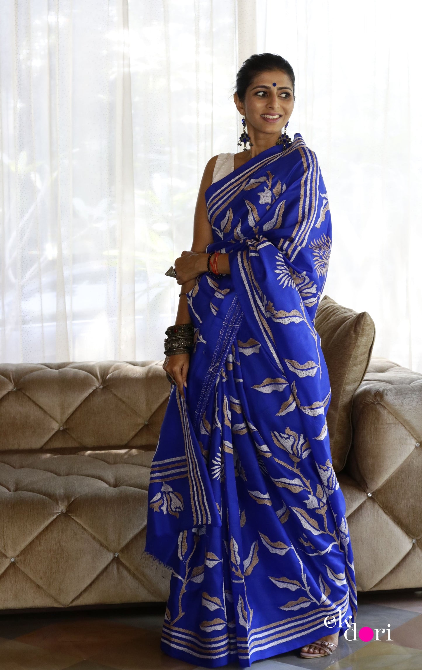 Buy Designer Saree Online : 'Neelambari' Silk Kantha Embroidered Saree