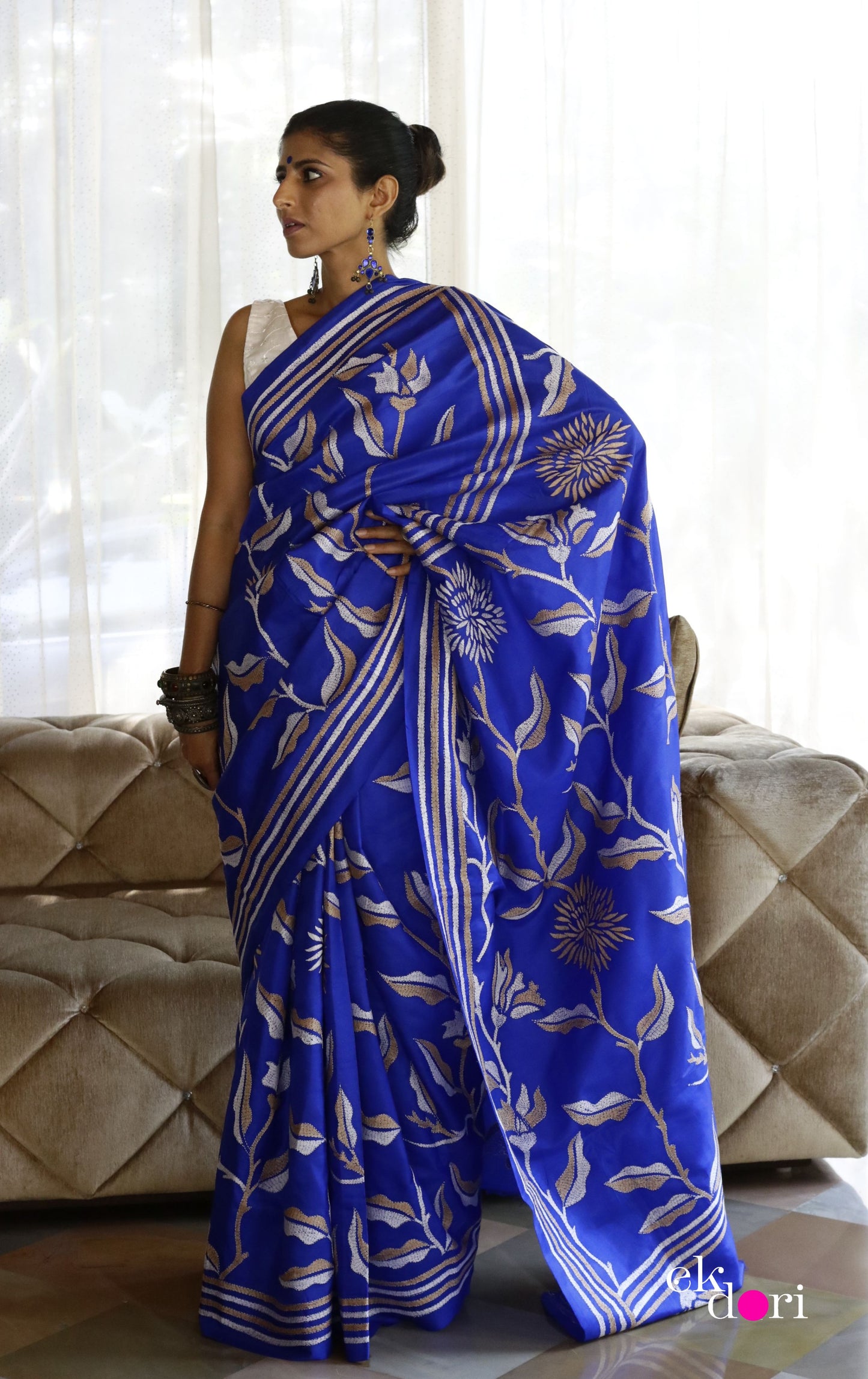 Buy Designer Saree Online : 'Neelambari' Silk Kantha Embroidered Saree