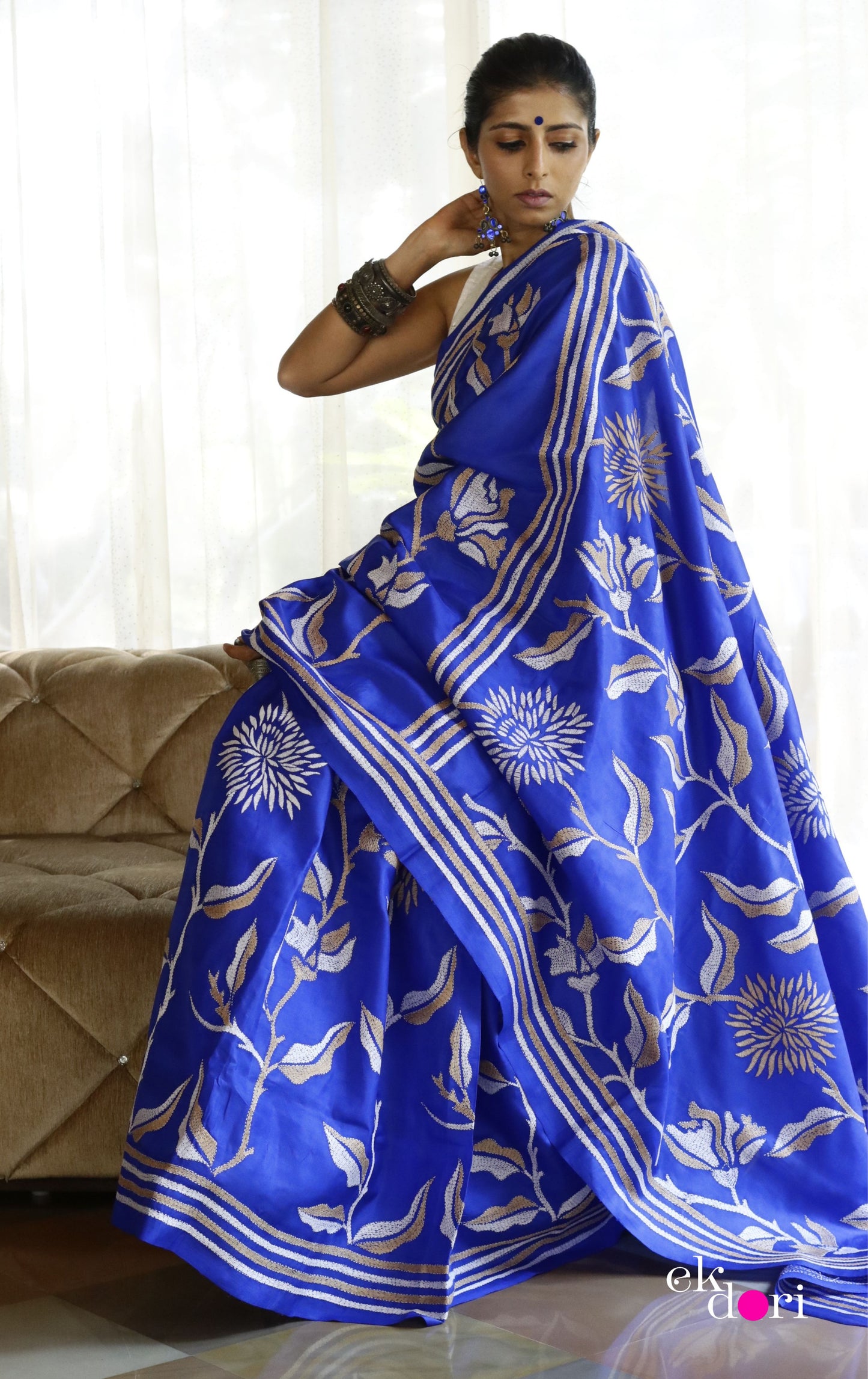 Buy Designer Saree Online : 'Neelambari' Silk Kantha Embroidered Saree