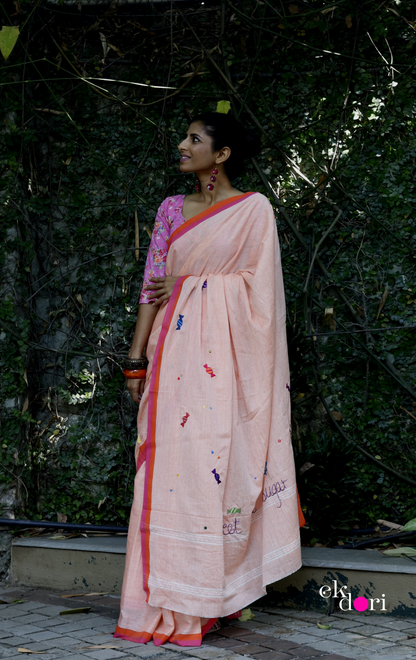 'Candy Crush' Handloom Mul Cotton Saree : Buy Handloom Cotton Statement Embroidered Saree