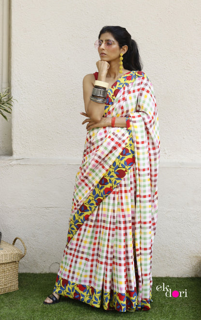 Checkmate Saree In Yellow : Fun Under The Sun Saree Collection : Fun Printed Sarees For Summer
