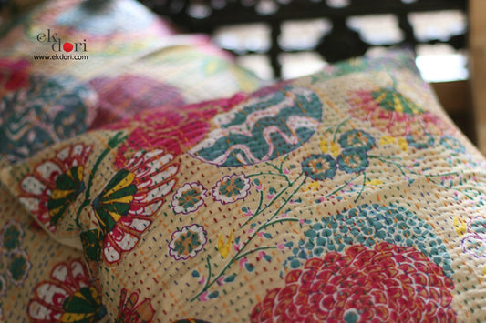 Kantha Cushion Covers (Set Of 2) : Beige Beauty Cushion Covers