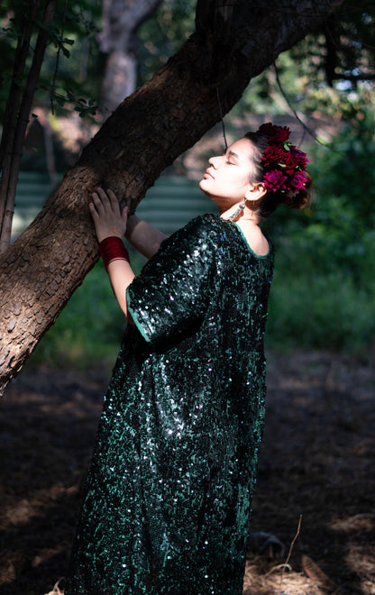Barkha Moss Green Sequin Kaftan Dress : Festive Sequin Kaftan Dress