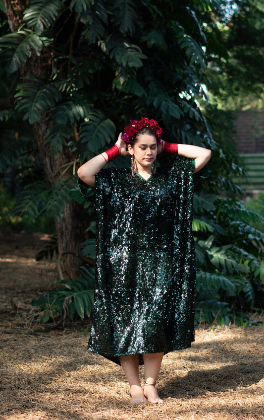 Barkha Moss Green Sequin Kaftan Dress : Festive Sequin Kaftan Dress