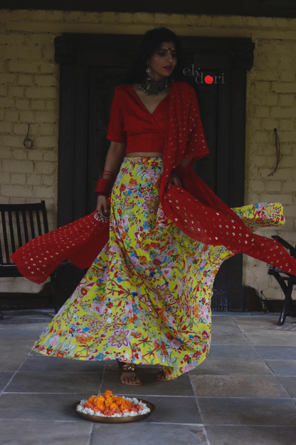 Festive Bohemian  Cotton Lehenga Dupatta Set : Marigold Boho Lehenga Set