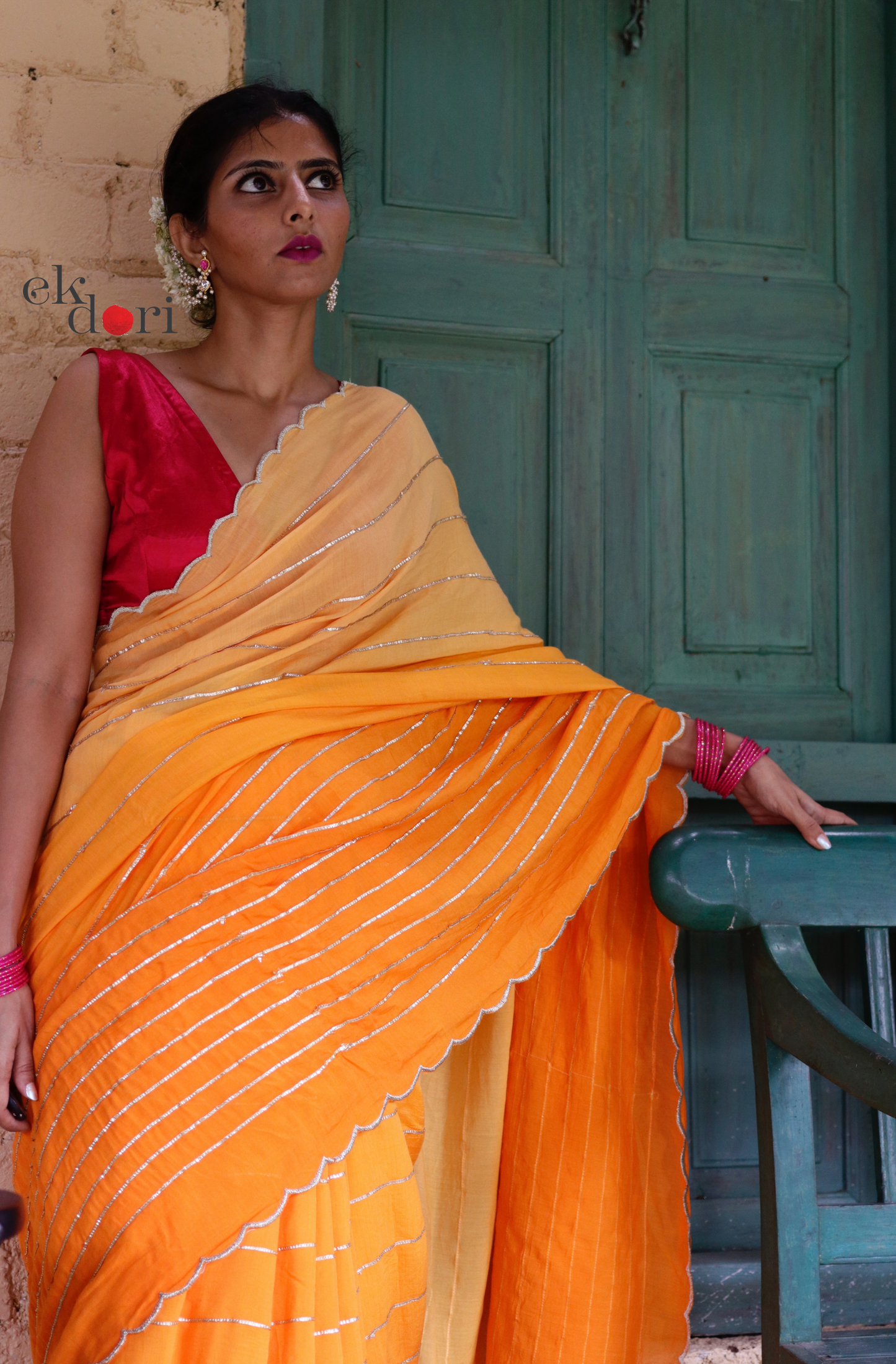 Buy Gota Work Saree Online : 'Sona' Orange Festive Gota Saree With Pink Blouse Piece