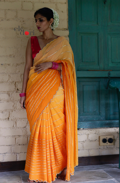 Buy Gota Work Saree Online : 'Sona' Orange Festive Gota Saree With Pink Blouse Piece