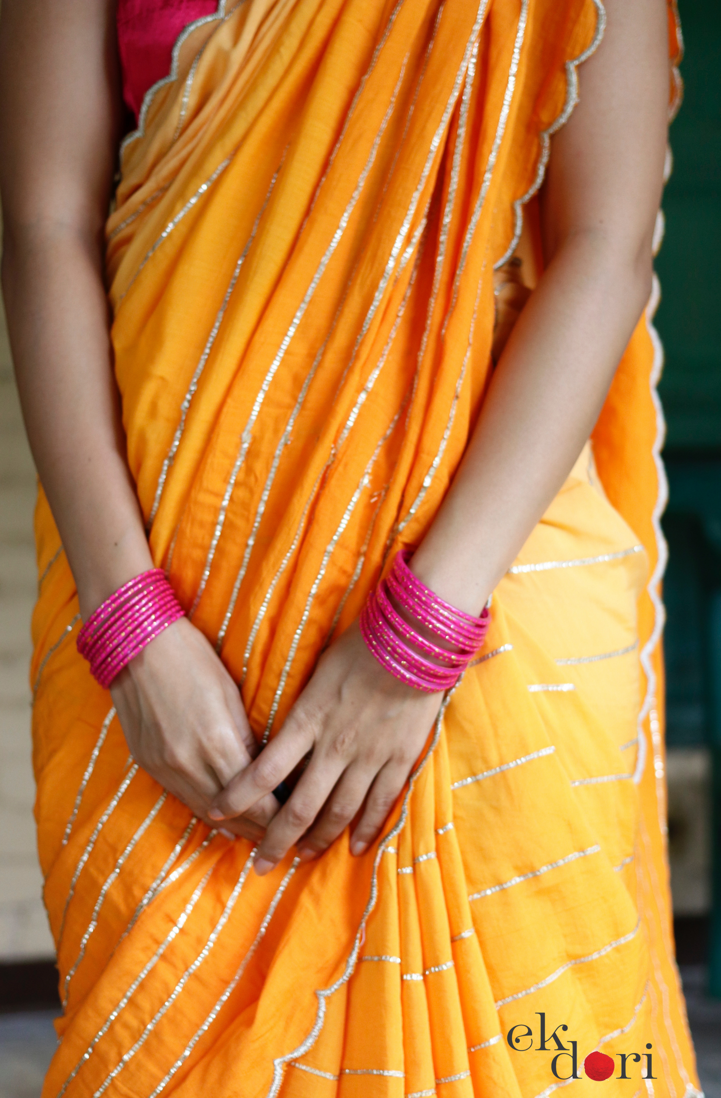 Buy Gota Work Saree Online : 'Sona' Orange Festive Gota Saree With Pink Blouse Piece