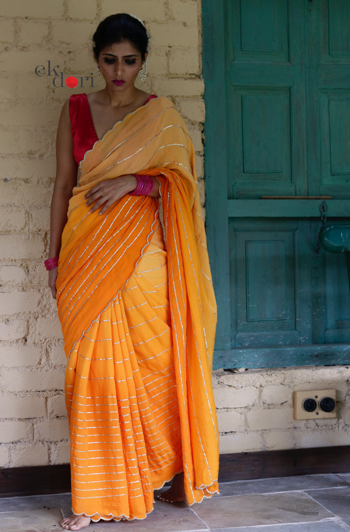 Buy Gota Work Saree Online : 'Sona' Orange Festive Gota Saree With Pink Blouse Piece