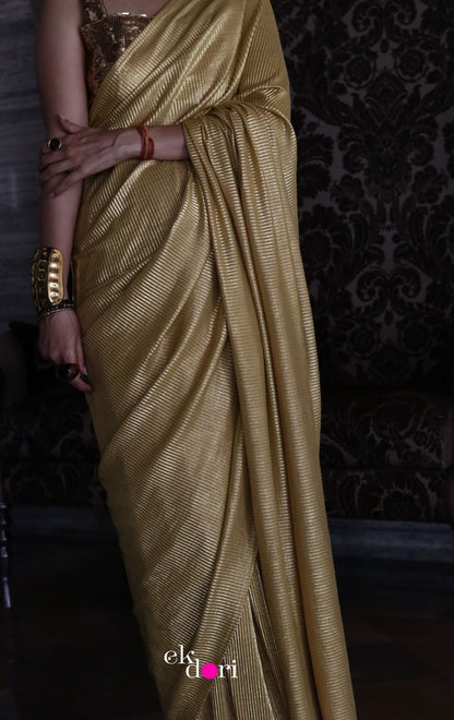 Gold Goddess : Micro Pleated Designer Saree : Metallic Gold Cocktail Saree